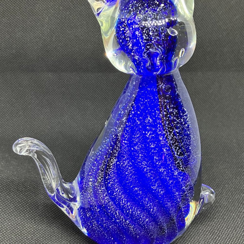 Cobalt blue glass gold flecks glass kitty cat art figure paperweight 6.5 in - Picture 7 of 7